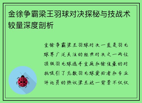 金徐争霸梁王羽球对决探秘与技战术较量深度剖析